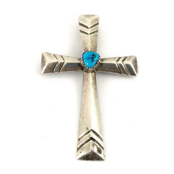 Sterling Silver 925 Vintage Heavy Large Turquoise Southwestern Cross - Picture 1 of 2